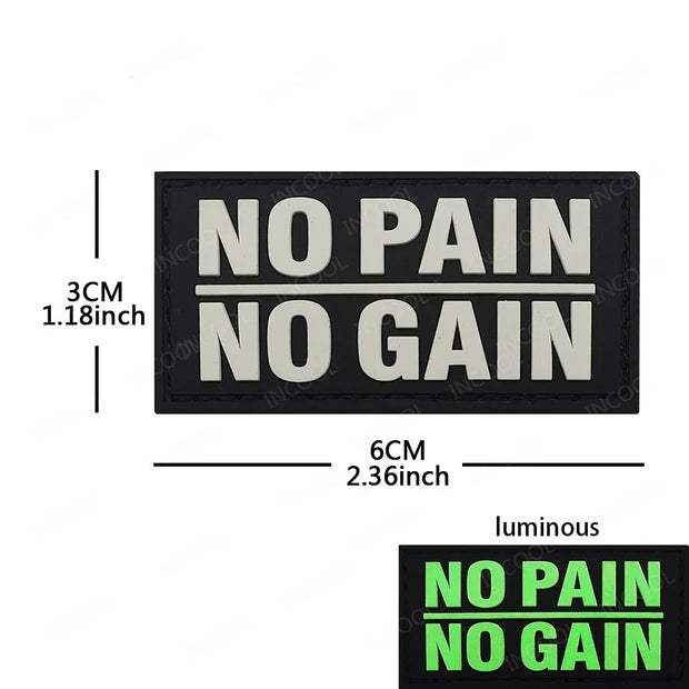 White Glow In Dark PVC Rubber No Pain No Gain Proverb Effort Motivational Phrases Embroidery Patches Appliques Reflective Badges