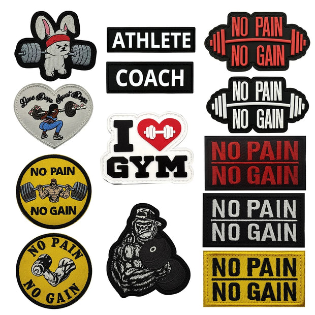 No Pain No Gain Fitness and Sports Series Tactical Embroidered Patches Bench Press Armband Backpack Badge with Hook Backing