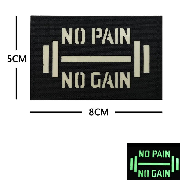 White Glow In Dark PVC Rubber No Pain No Gain Proverb Effort Motivational Phrases Embroidery Patches Appliques Reflective Badges
